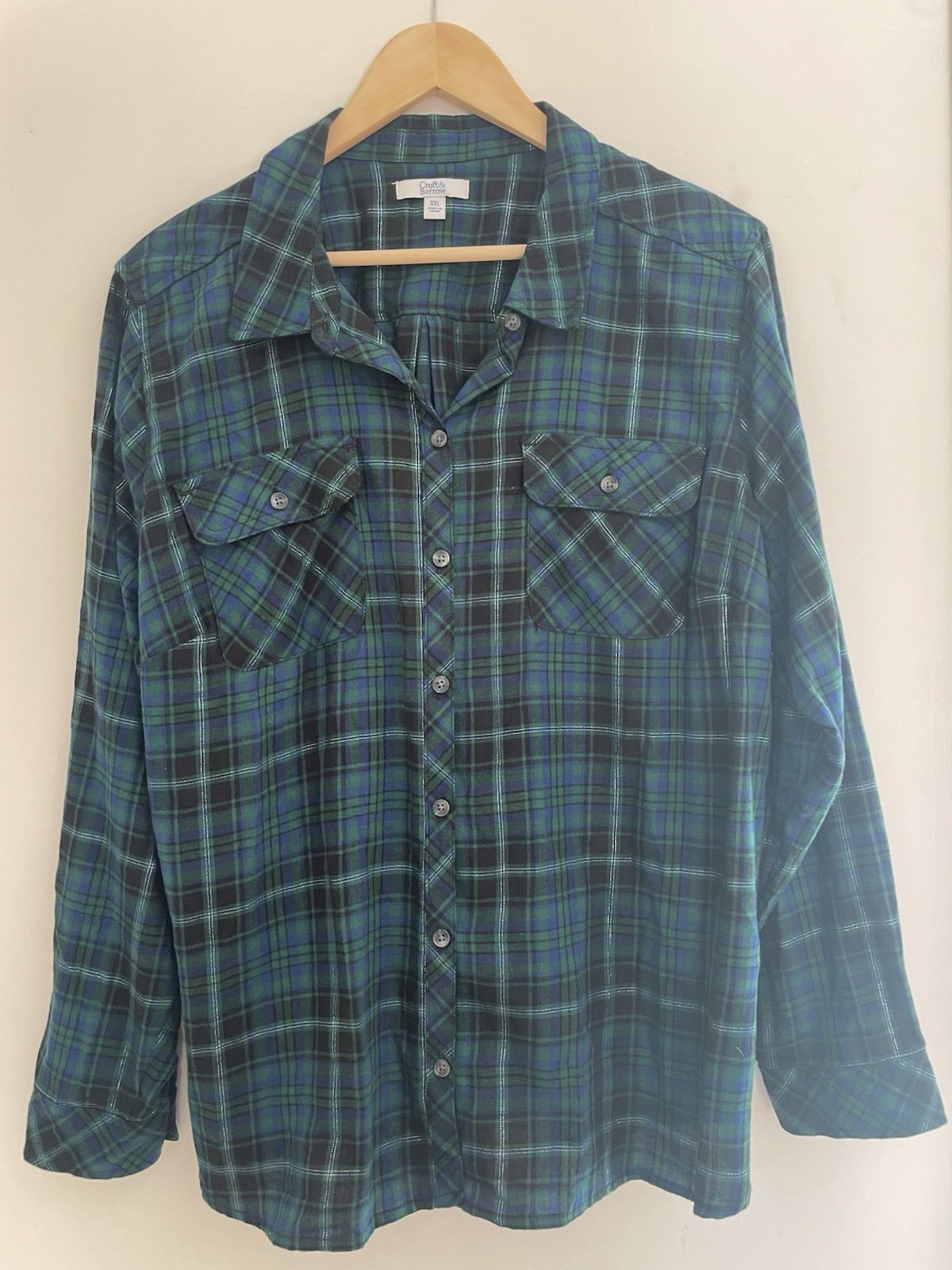 Croft&Barrow Women's Shiny Plaid Flannel Button-Up Long Sleeve Shirt Green XXL
