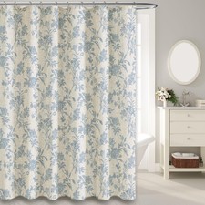 Blue Extra Long Floral Cotton Linen Cottagecore Shower Curtain 72x84 Inch