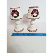 Ceramic Christmas Wreath Candle Holder Set 2 Piece Pedestal with Shade Holiday