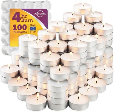 100 Pack Unscented Tea Light Candles 4 Hour Smokeless Dripless White Bulk
