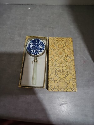 Vintage Porcelain And Jade Handled Small Hand Mirror In Original Box Estate Find