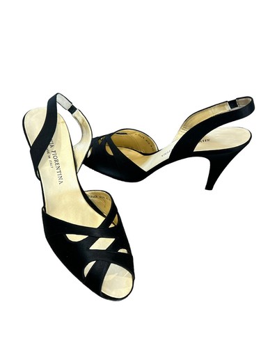 SILVIA FIORENTINA ITALY CUT OUT BLACK OPEN PEEP TOE SILK HEEL SLINGBACKS $395 10 - Picture 4 of 14
