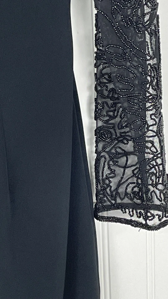 Niteline Della Roufogali Petite Women Black Long Sleeve beaded Illusion dress 6P - Image 4 of 4