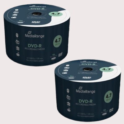 100 x MediaRange DVD-R 16x Speed 4,7GB 120min Recordable Blank Discs in Spindel