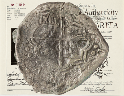 MEL FISHER COA & TAG 1622 ATOCHA FLEET ~SANTA MARGARITA 1622
