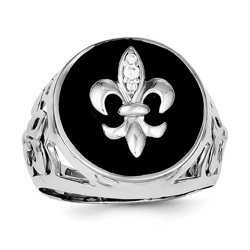 MENS STERLING SILVER BLACK ONYX WITH CZ ACCENTS FLEUR DE LIS RING - SIZE 11 - Picture 3 of 7