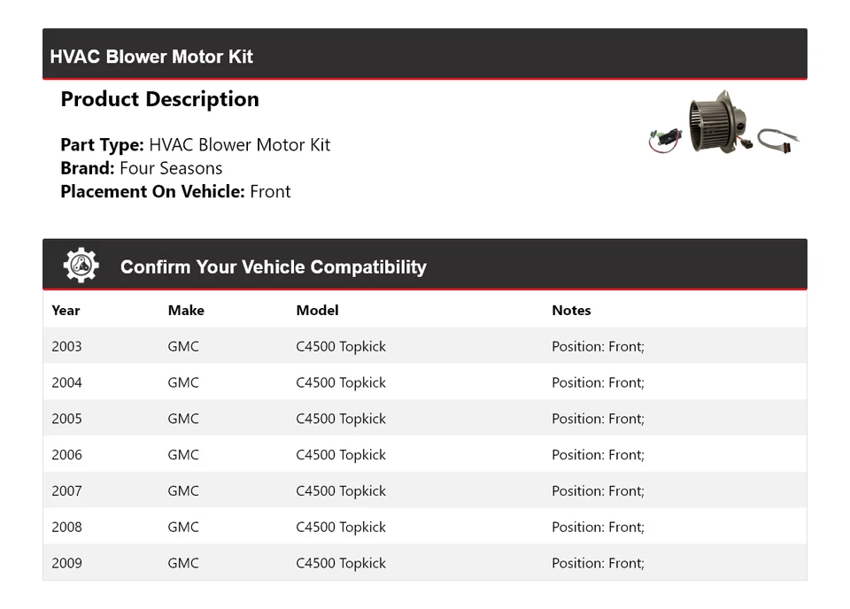 Kit de motor soplador delantero 4 estaciones 2004 2005 para GMC C4500 2003-2009 Topkick HVAC Foto 2 de 3
