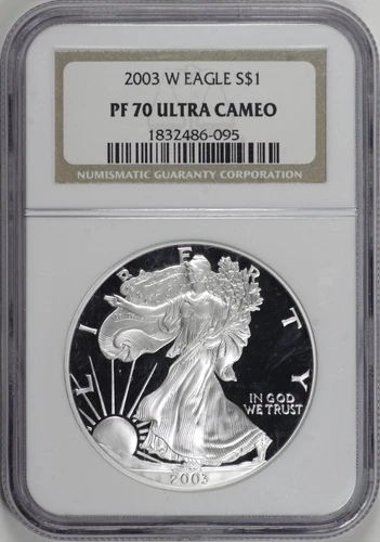 2003-W Proof American Silver Eagle $1 NGC PF70 UCAM, Classic Brown Label [19F25]