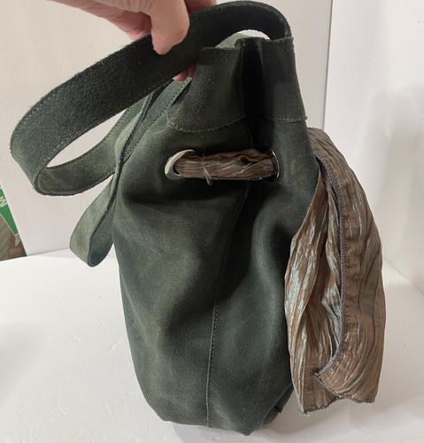 Vintage 90s Suede Leather Green Tote Purse Drawstring Bagtique - Imagen 2 de 8