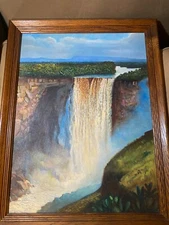 Vintage "Waterfall And Landscape Scene" Oil On Board Painting - Framed