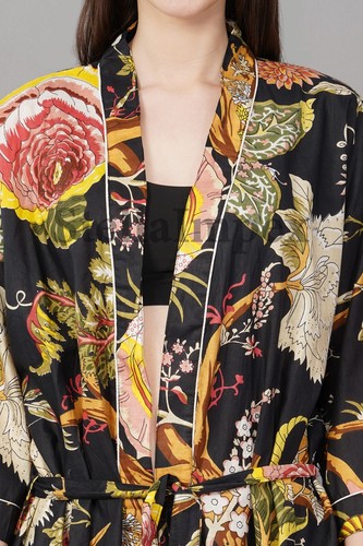Trendy Cotton Kimono Elegant Black Floral Bathrobe Resort Wear Beach Dress - Picture 5 of 6