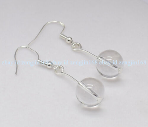 Natural 12MM White Clear Crystal Quartz Round Beads Dangle Silver Hook Earrings - Picture 12 of 12