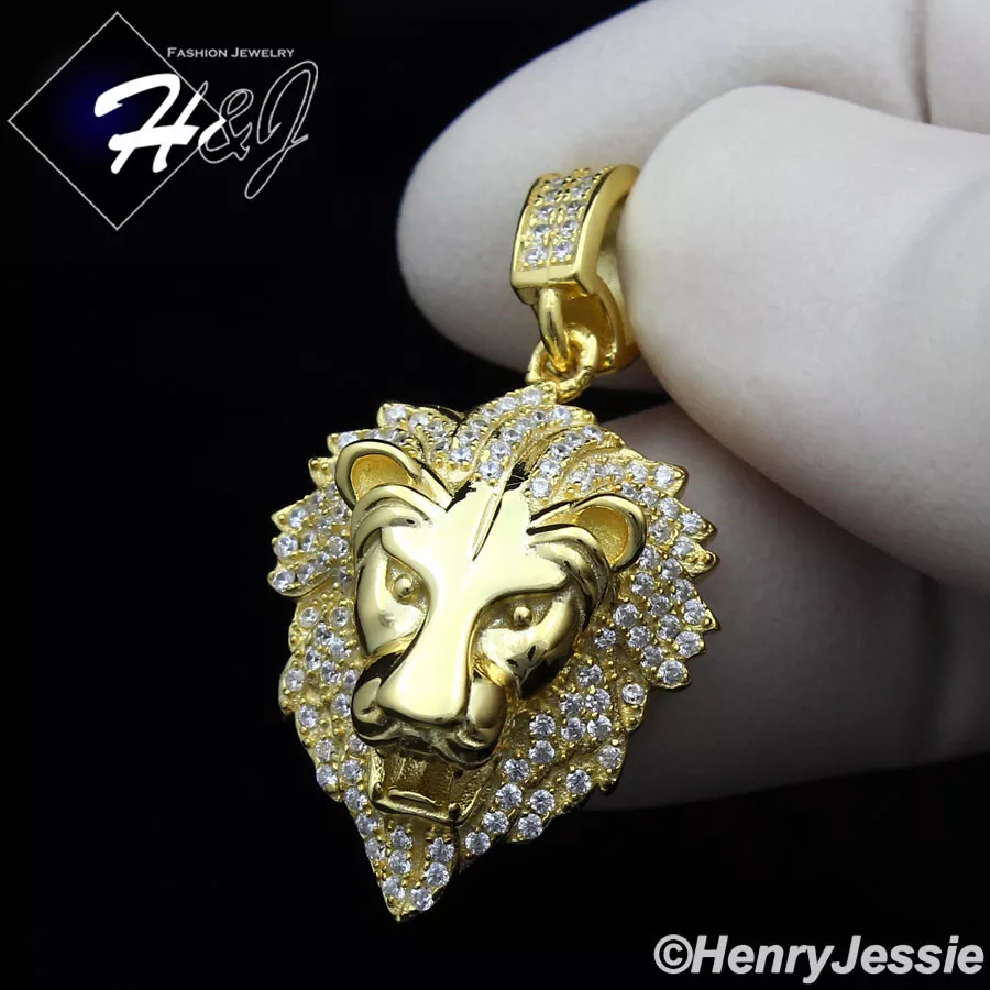 MEN WOMEN 925 STERLING SILVER ICY CZ SMALL GOLD PLATED 3D LION HEAD PENDANT G185