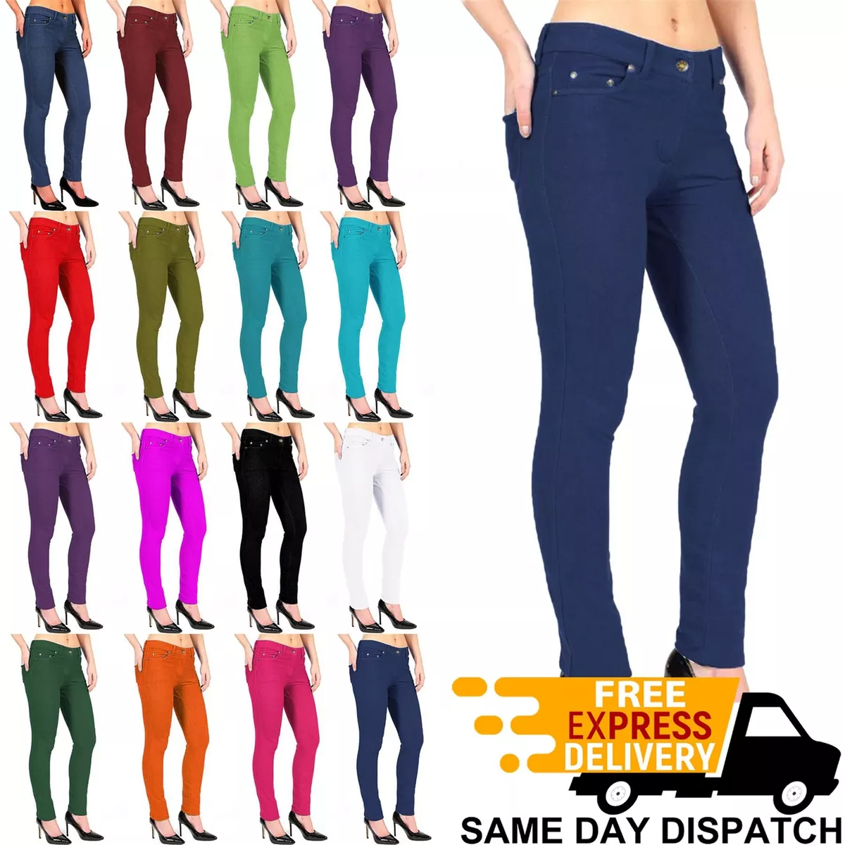 Womens Skinny Fit 5 Pockets Button Zip Up Stretchy Denim Jeans Jeggings  Leggings