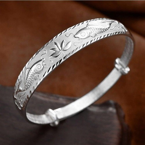 Vintage handgefertigt 925 Sterlingsilber Fische Lotus Blume Armband Handarmreif - Bild 3 von 6