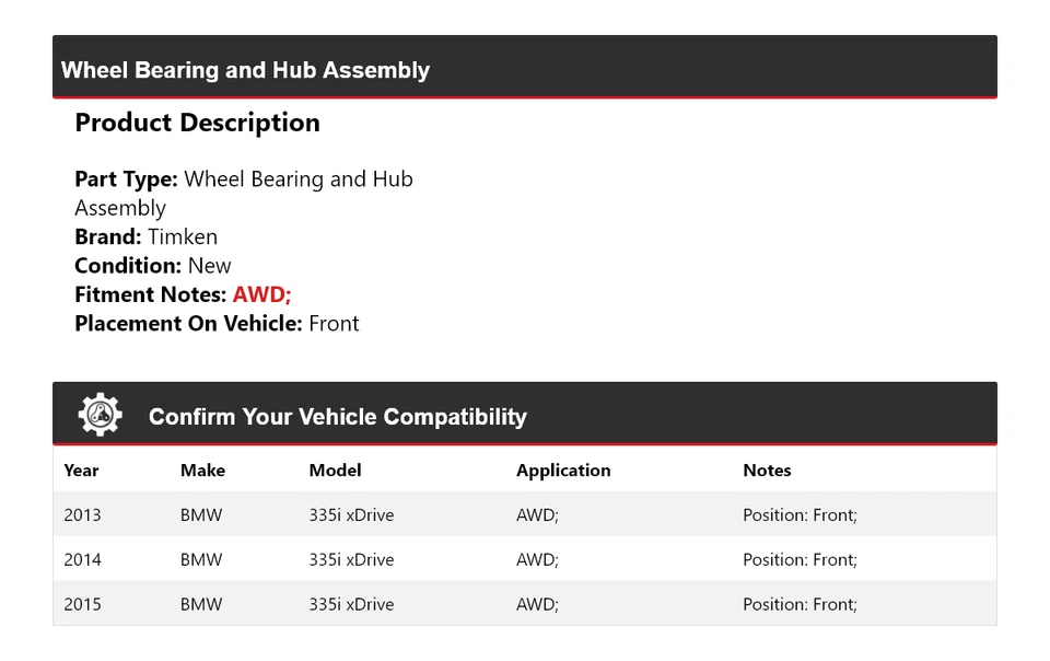 Para 2013-2015 BMW 335i xDrive AWD rolamento de roda e conjunto de cubo dianteiro Timken - Imagem 2 de 4