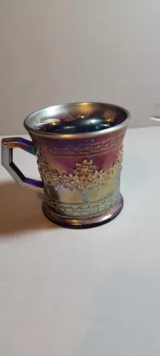 Vintage Fenton Iridescent Cobalt Blue Orange Tree Carnival Glass Mug Cup 3.5"