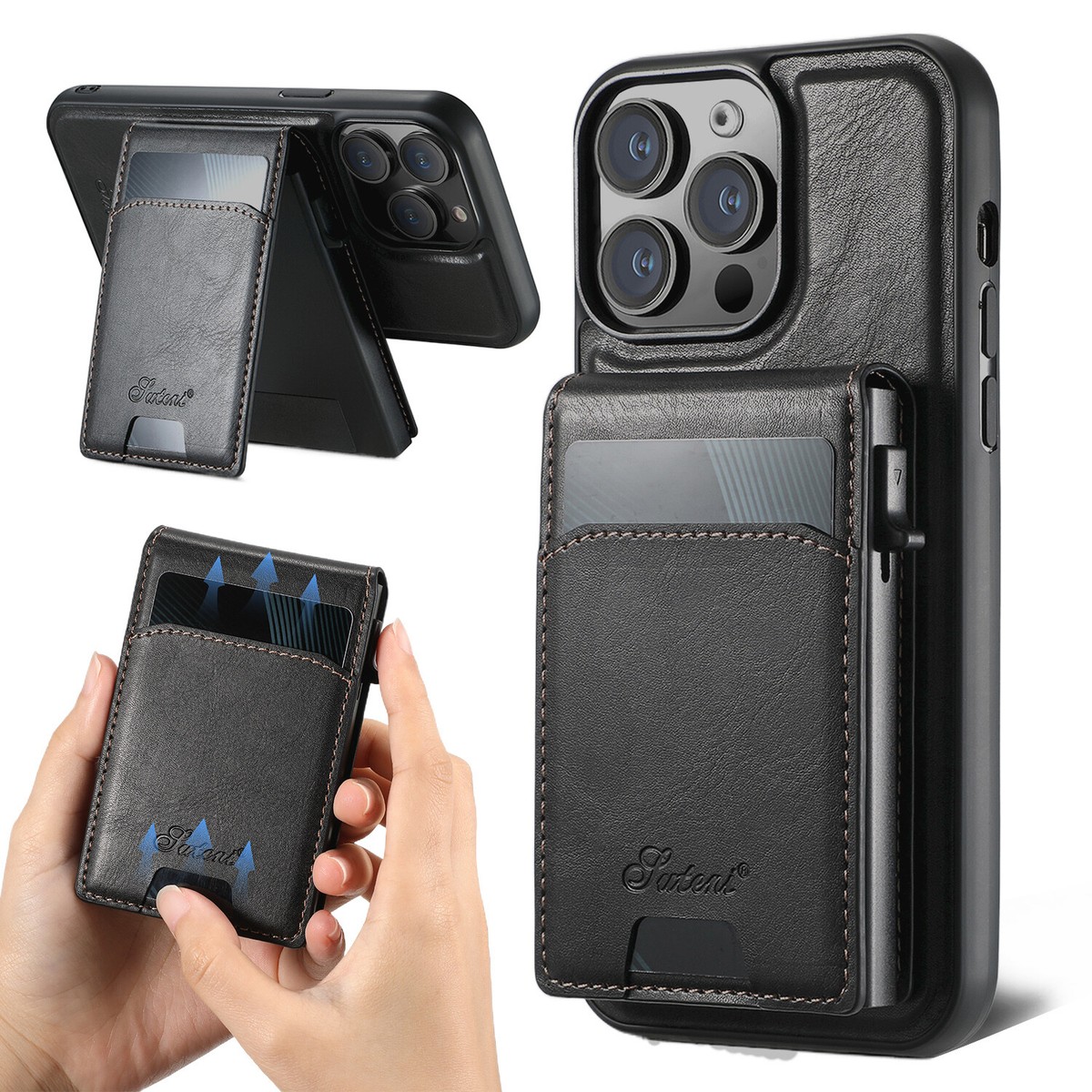 Étui Portefeuille Fermeture Éclair Cuir Synthétique Pour IPhone 12 à 16 Pro Max - Noir, Avec Lanière
