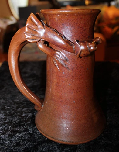 Nice Heavy Vintage Pottery Mug Cup Dragon Handle 7" Tall