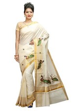 JISB Women's Kerala kasavu Embroidered saree, Color Cream 6.25 Mtrs Length