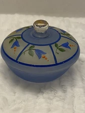 VTG Fine Blue Glass Vanity Covered Dish w/hand Painted floral top VERY PRETTY!