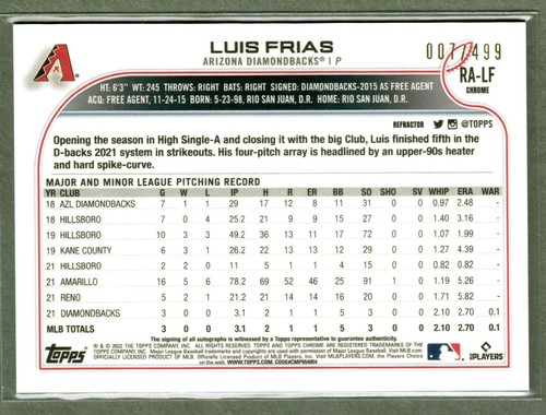 2022 Topps Chrome Luis Frias Refractor Auto #/499 Diamondbacks RC SP - Picture 2 of 2