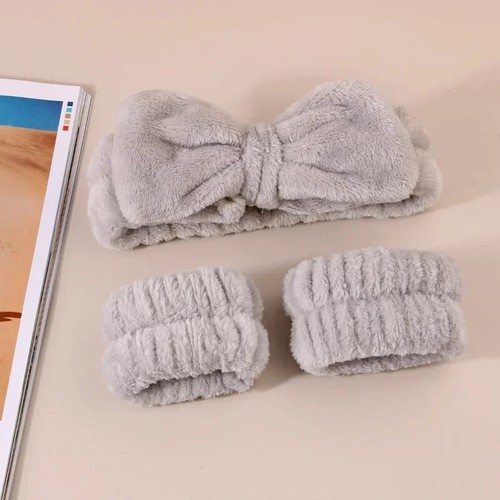 Spa Headband and Wrist Towels for Face Washing Set Elastic Bow Headbands with - Picture 6 of 34