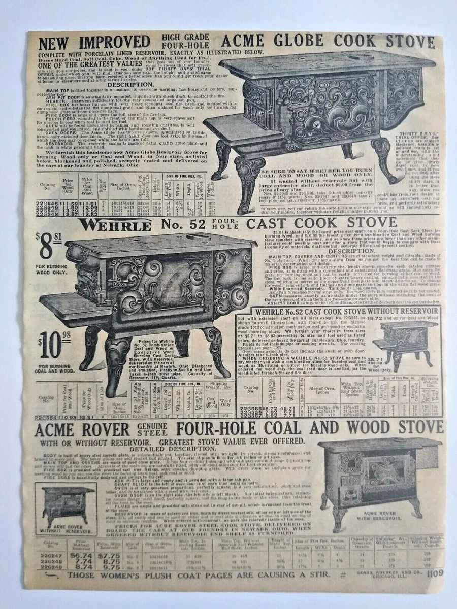 1911 Antique Cook Stove Acme Globe Wehrle 52 Art Sears Catalog Page Vtg  Print Ad | eBay