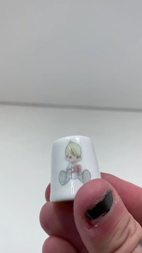 1980s Precious Moments Blue Pajama Boy Thimble - Vintage Porcelain Collectible - Video 1 of 1