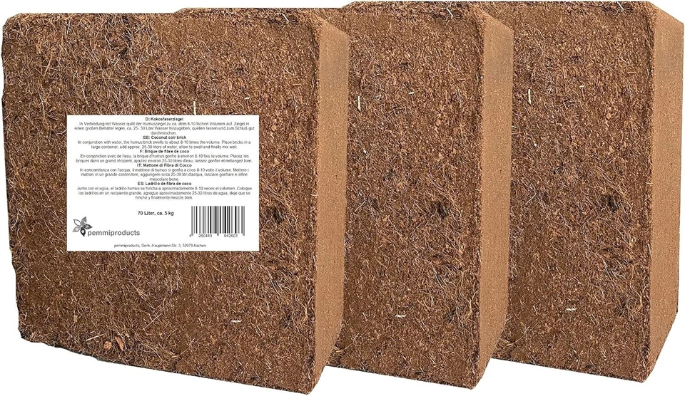 PEMMIPRODUCTS Kokosfaserziegel, verpackt, 3 x 70 Liter, ca. 5 kg je Ziegel, gesamt: 210 Liter