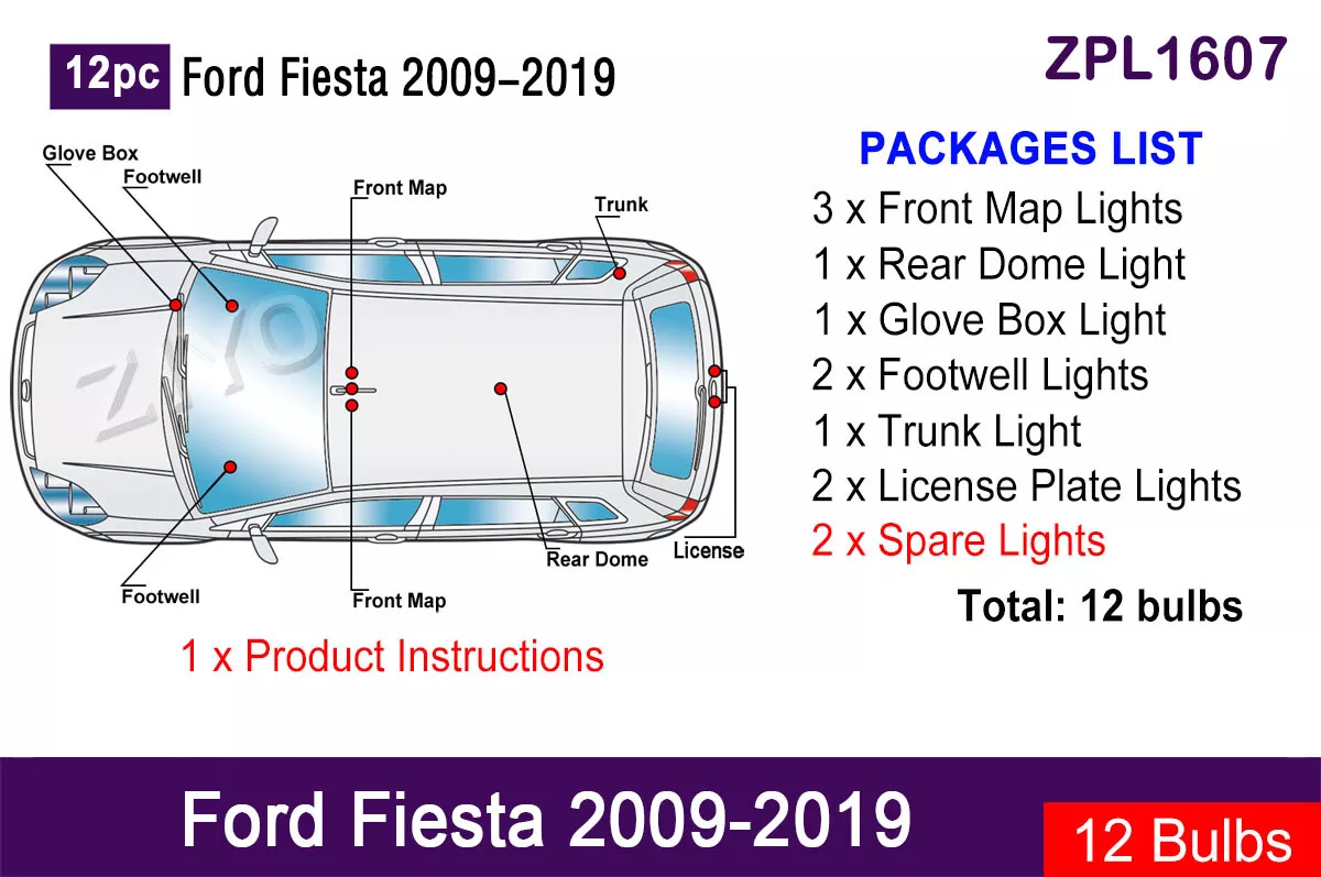 LED Light Bulbs for 2009 2019 Ford Fiesta Interior Light Kit White Dome Light