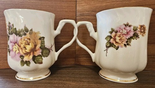 2x Vintage Hitkari Potteries Floral Gold Rim Mugs Cups Bone China made in India - Picture 2 of 8