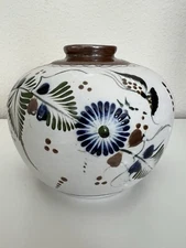 Tonala Mexican Pottery Santana Mexico Floral Folk Art White Vase