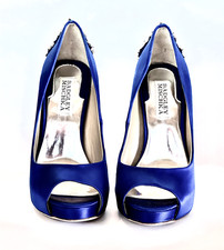 Badgley Mischka - Kiara Crystal Pumps, Peep Toe, Sapphire Satin, Size 6, Women's