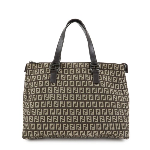 FENDI Zucchino Canvas Leather Tote Bag Hand Bag Brown 8BH138 Authentic Used F/S