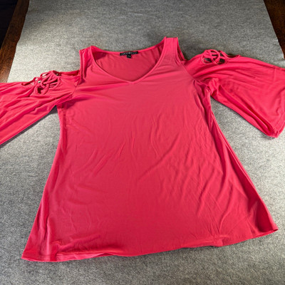 Coco Bianco Womens L Pink Cold Shoulder Tunic Top Caged Cutout Stretch Flowy