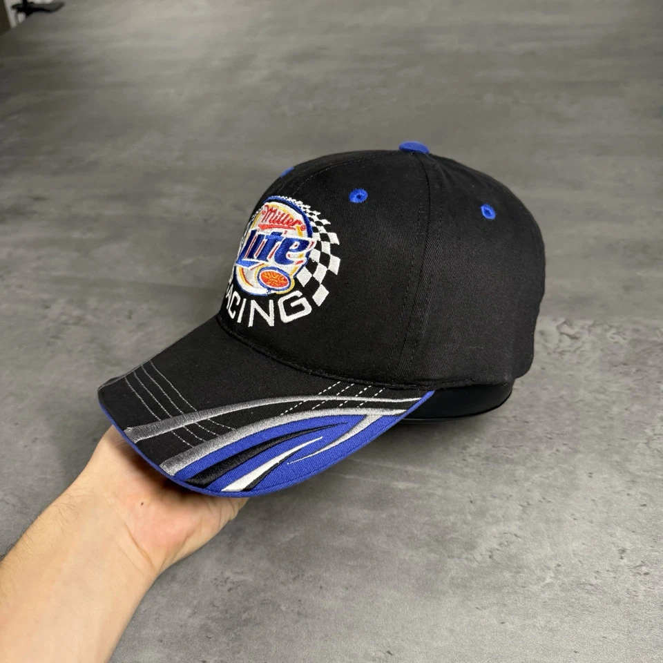 Sombrero Kurt Busch de Colección Años 90 Negro Azul Miller Lite Equipo de Carreras Sombrero Puntada a Rayas Foto 3 de 4