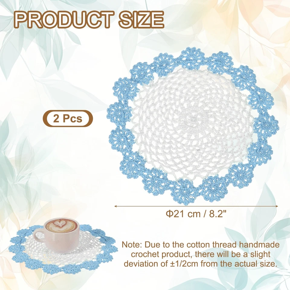 2 piezas tapetes hechos a mano de ganchillo de 8,2" manteles individuales posavasos de encaje blanco, azul claro Foto 2 de 4
