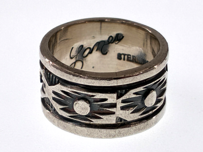 #ad Vintage Troy Laner Navajo Hand Stamp Overlay Sterling Silver Ring Cigar Band 5.5 $109.99