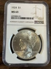 NGC MS63 1924 Peace Silver Dollar $1 BU Certified Coin