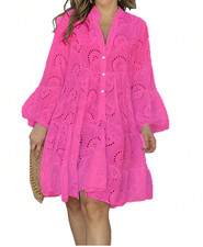 HollowElegant Dresses For Women Solid V Neck Flared Sleeve VintageCocktail Dress