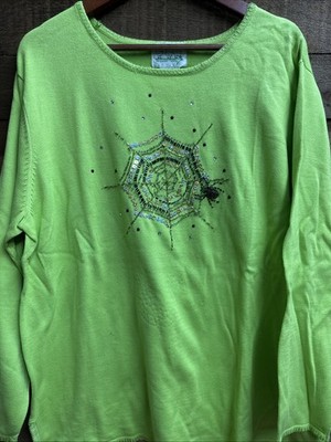 Quacker Factory Halloween Lime Green Embellished Spider Web Tunic Sweater 1X