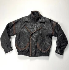Vintage Beyond Leather Mens Jacket Black Brown Trim Sz L Biker Bomber Lined