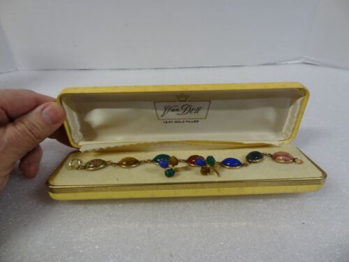 VINTAGE EGYPTIAN 8" SCARAB 12K GOLD FILLED 8-STONE LINK BRACELET EARRINGS & CASE - Picture 2 of 22