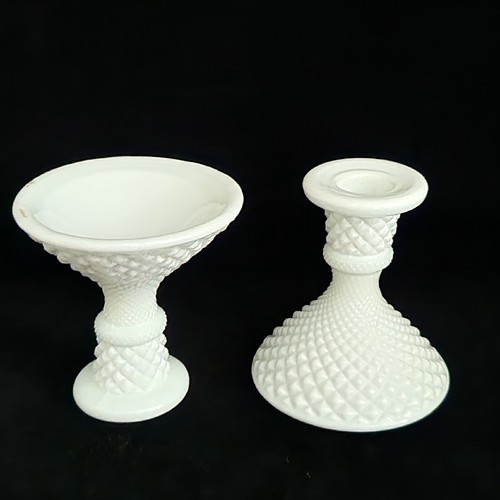 Vintage Westmoreland Milk Glass Diamond Point Pair Of Candle Holders - Picture 2 of 10