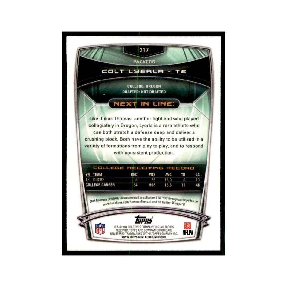 2014 Bowman Chrome Colt Lyerla RC Football Cards #217 - Image 2 of 3