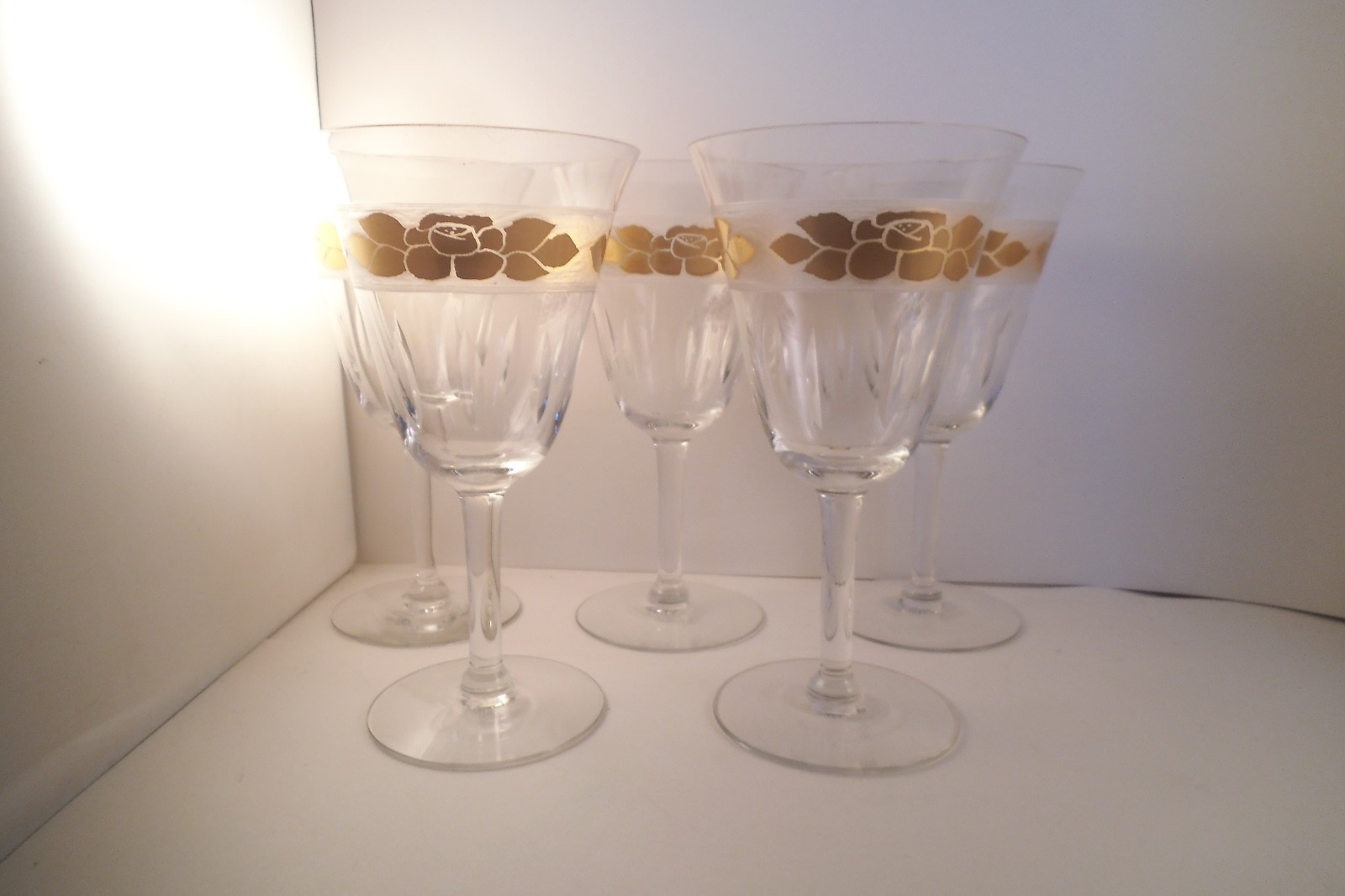 Vintage Set of 5 Clear Glass Gold Rose Flower Band Wine Glasses Water ...