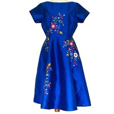 eShakti Floral Vine Embellished Dupioni Fit Flare Dress Royal Blue Sz L MOTB