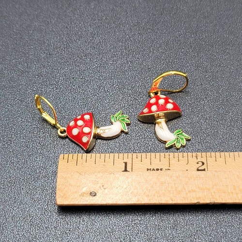 Mushroom Pierced Earrings Gold tone Enamel Red White Polka Dot Dangle 1" - Picture 11 of 11