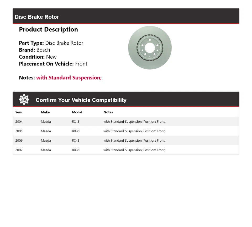 Rotor de freno de disco delantero para Mazda RX-8 2004-2007 Bosch QuietCast 2005 2006 Foto 2 de 4